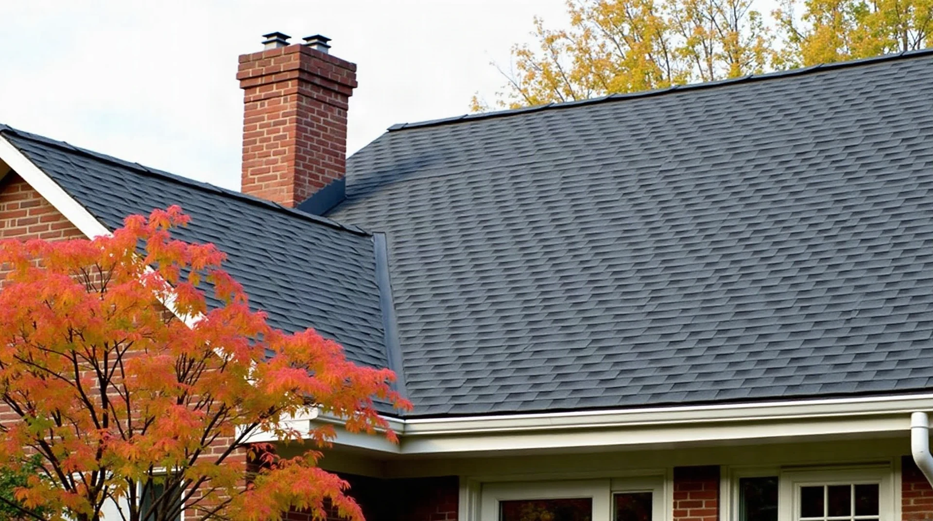 Close photograph of a residential roof with dark gray architectural asphalt shingles and a red brick chimney, autumn tree with orange leaves in foreground, soft