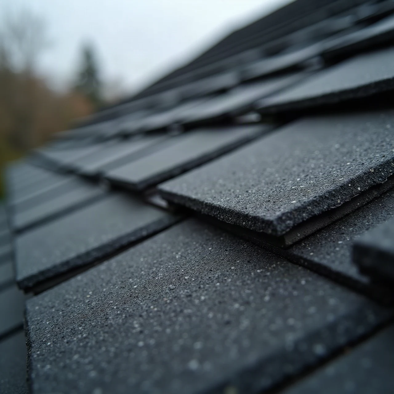 Macro photograph of layered dark gray architectural asphalt shingles on a pitched roof, granule texture, shallow depth of field, overcast light